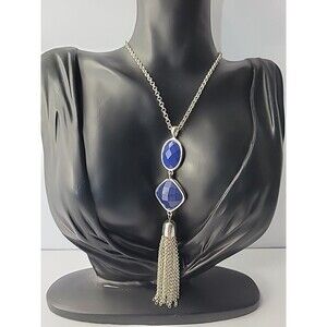Vintage Silver Tone Necklace Blue Faceted Cabochon Tassel Pendant Jewelry